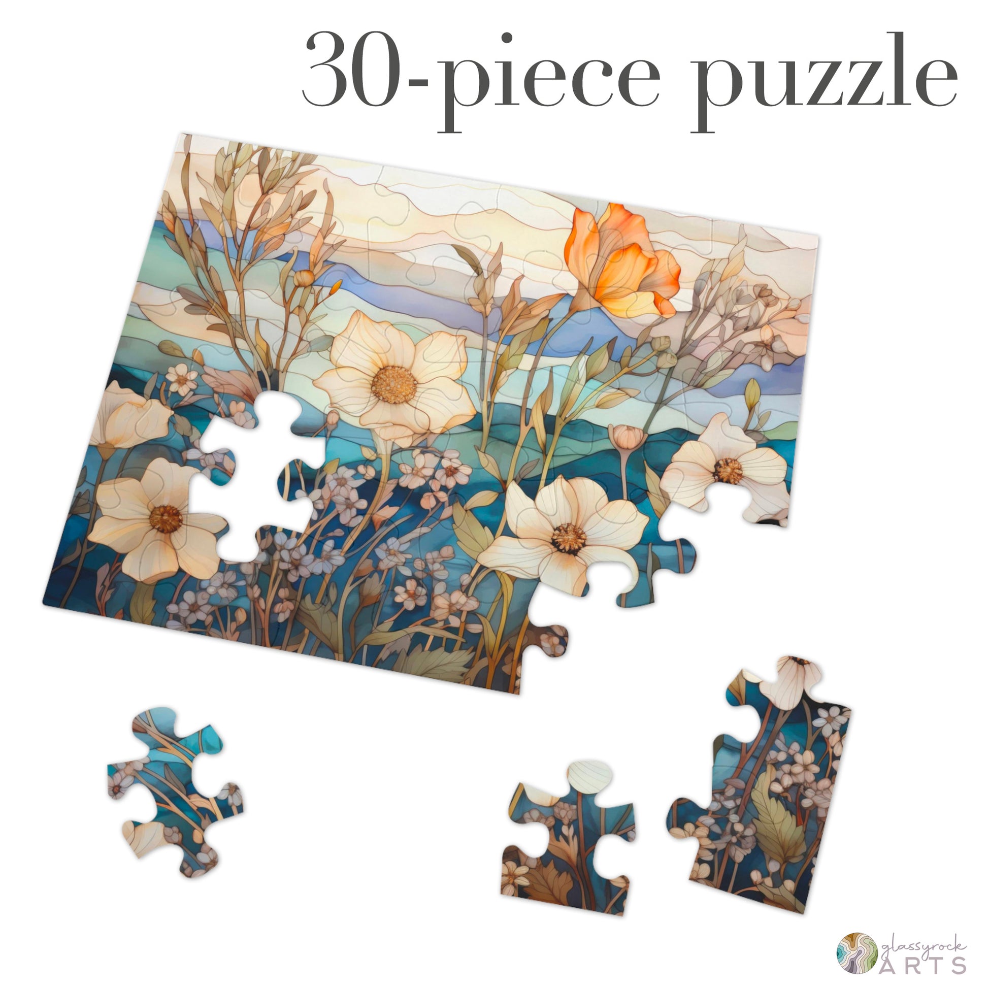 A picture of the Stained Glass Flowers Jigsaw Puzzle - Ivory from GlassyRock Arts. 