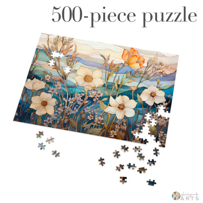 A picture of the Stained Glass Flowers Jigsaw Puzzle - Ivory from GlassyRock Arts. 