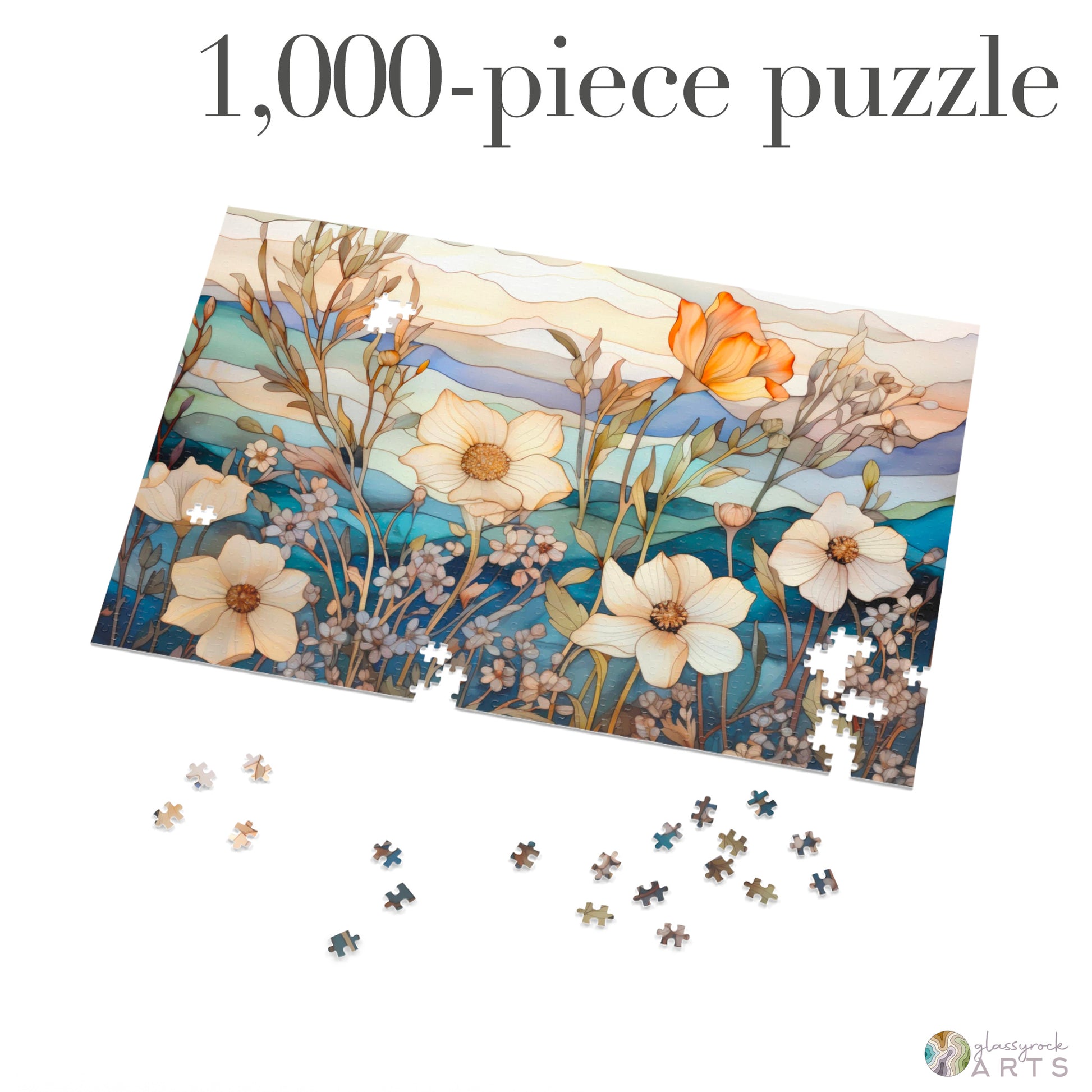 A picture of the Stained Glass Flowers Jigsaw Puzzle - Ivory from GlassyRock Arts. 