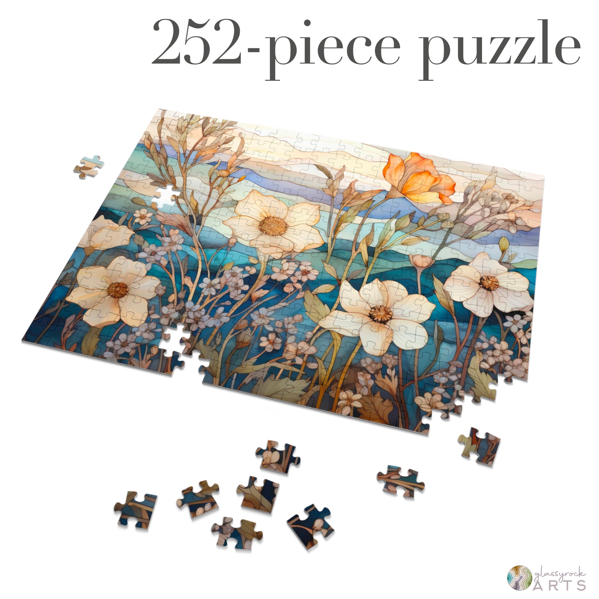 A picture of the Stained Glass Flowers Jigsaw Puzzle - Ivory from GlassyRock Arts. 