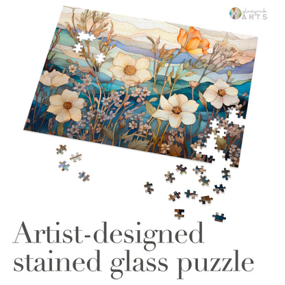 A picture of the Stained Glass Flowers Jigsaw Puzzle - Ivory from GlassyRock Arts. 