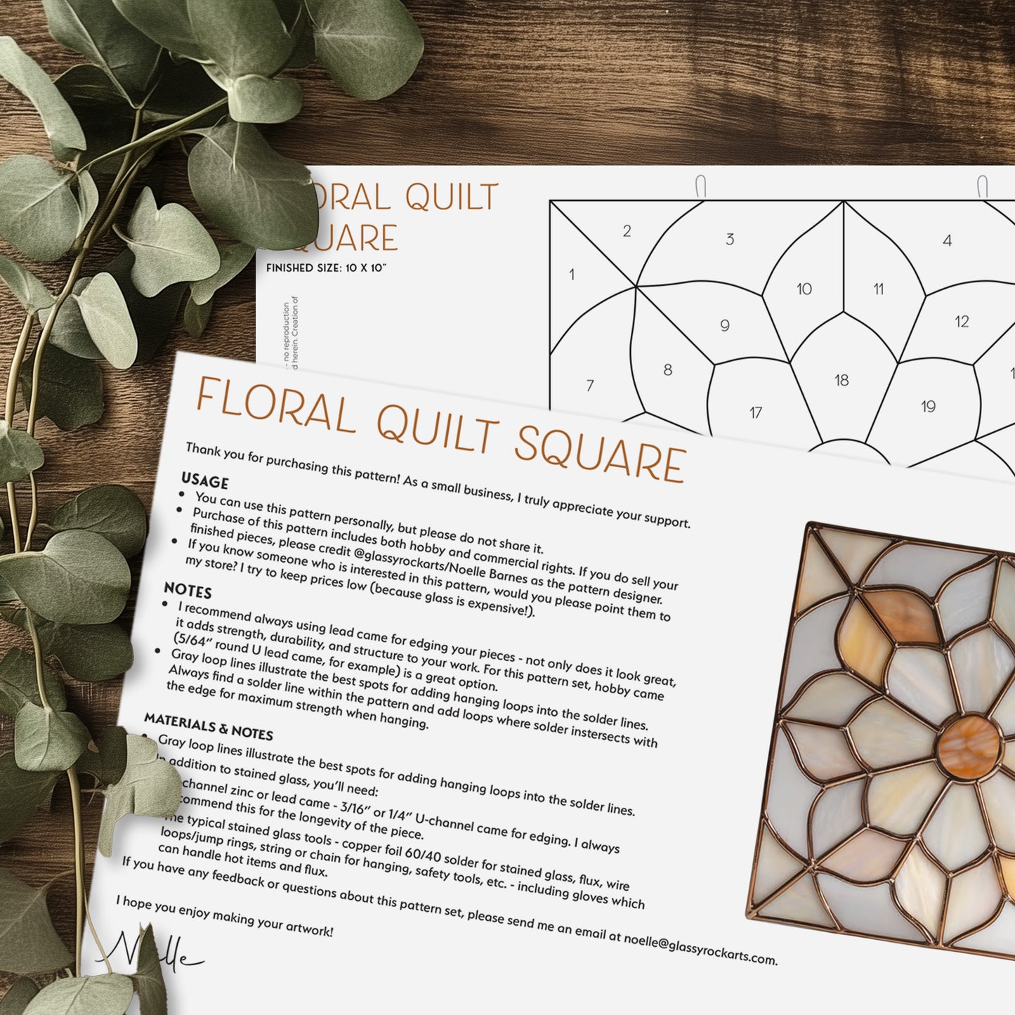 Floral Quilt Square Stained Glass Pattern PDF & PNG