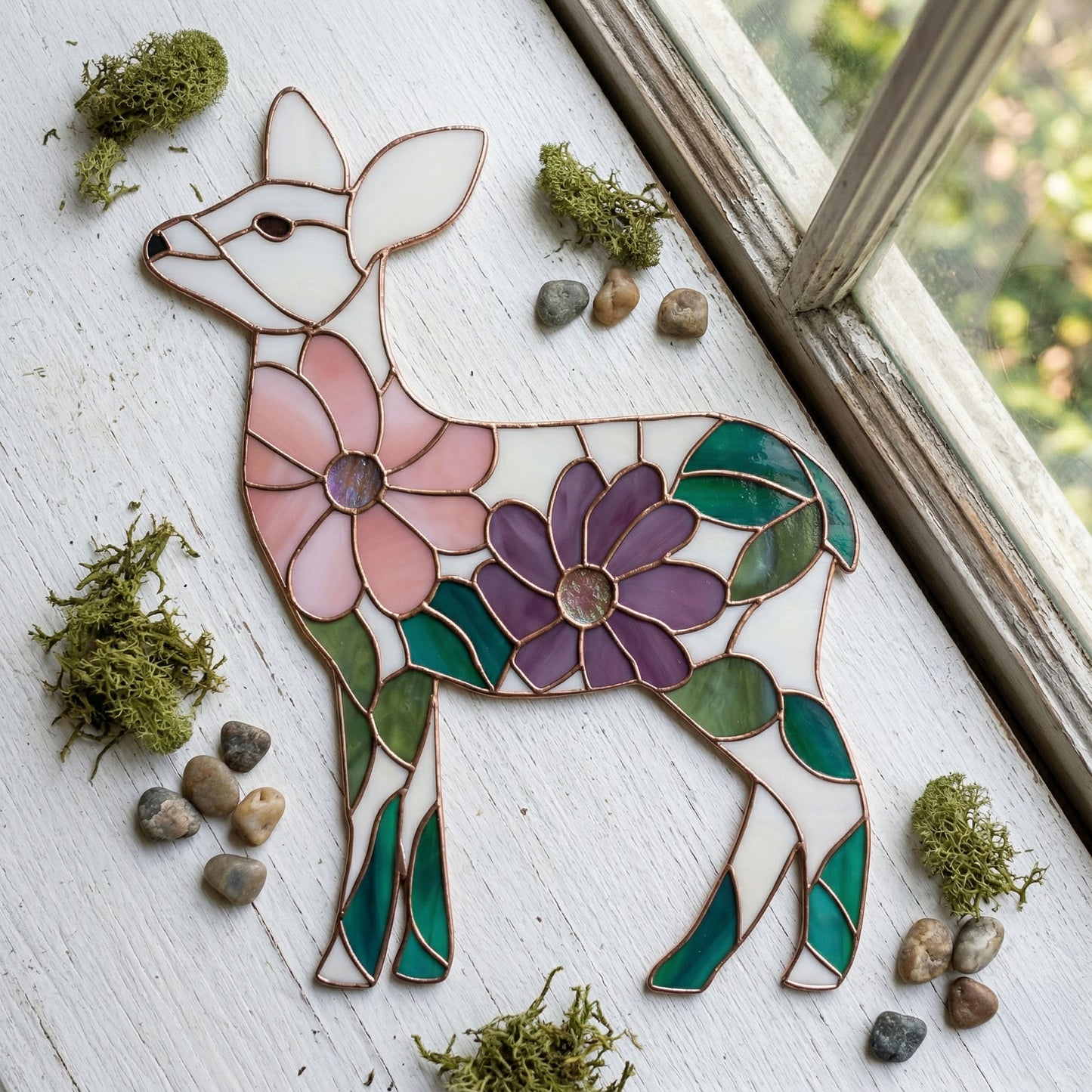 Flower Deer Stained Glass Pattern and PNG