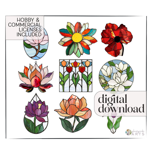 The Flowers Stained Glass Pattern Pack of 9 offers a vibrant collection of floral and geometric stained glass designs. The left side displays Hobby & Commercial Licenses Included, while the bottom right indicates a digital download.