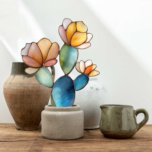 Flowering Cactus Stem Stained Glass Pattern and PNG