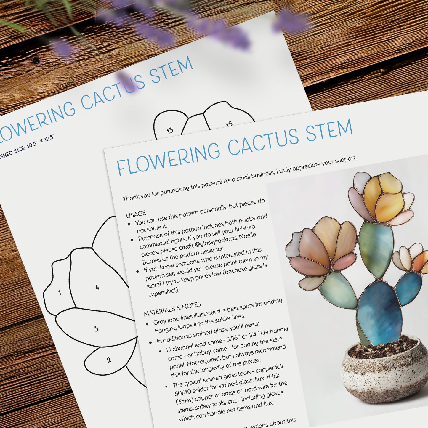 Flowering Cactus Stem Stained Glass Pattern and PNG