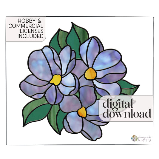 Illustration of three blue flowers with yellow centers and green leaves on white, like a stained glass suncatcher. The text reads Hobby & Commercial Licenses Included and digital download in black and gray fonts. Product: Bundle of Flowers Stained Glass Pattern.