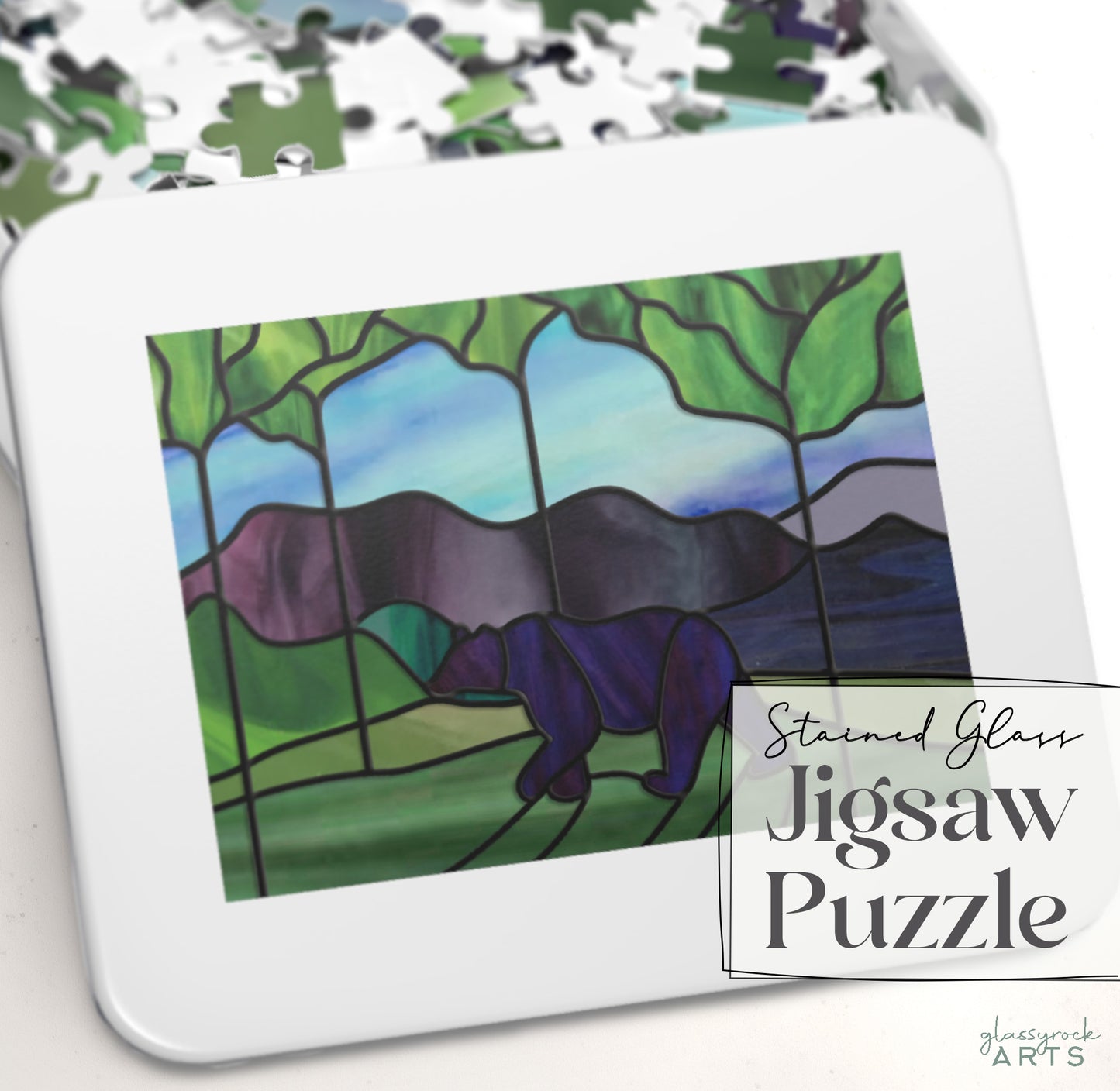 A picture of the Stained Glass Forest Bear Jigsaw Puzzle from GlassyRock Arts. 