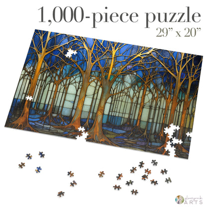 The Stained Glass Forest Jigsaw Puzzle, Blue and Gold, is a 1,000-piece puzzle featuring a stylized forest with slender trees against a blue night sky. Ideal for puzzle enthusiasts, it measures 29x20 inches and includes high-quality chipboard pieces, both assembled and scattered.