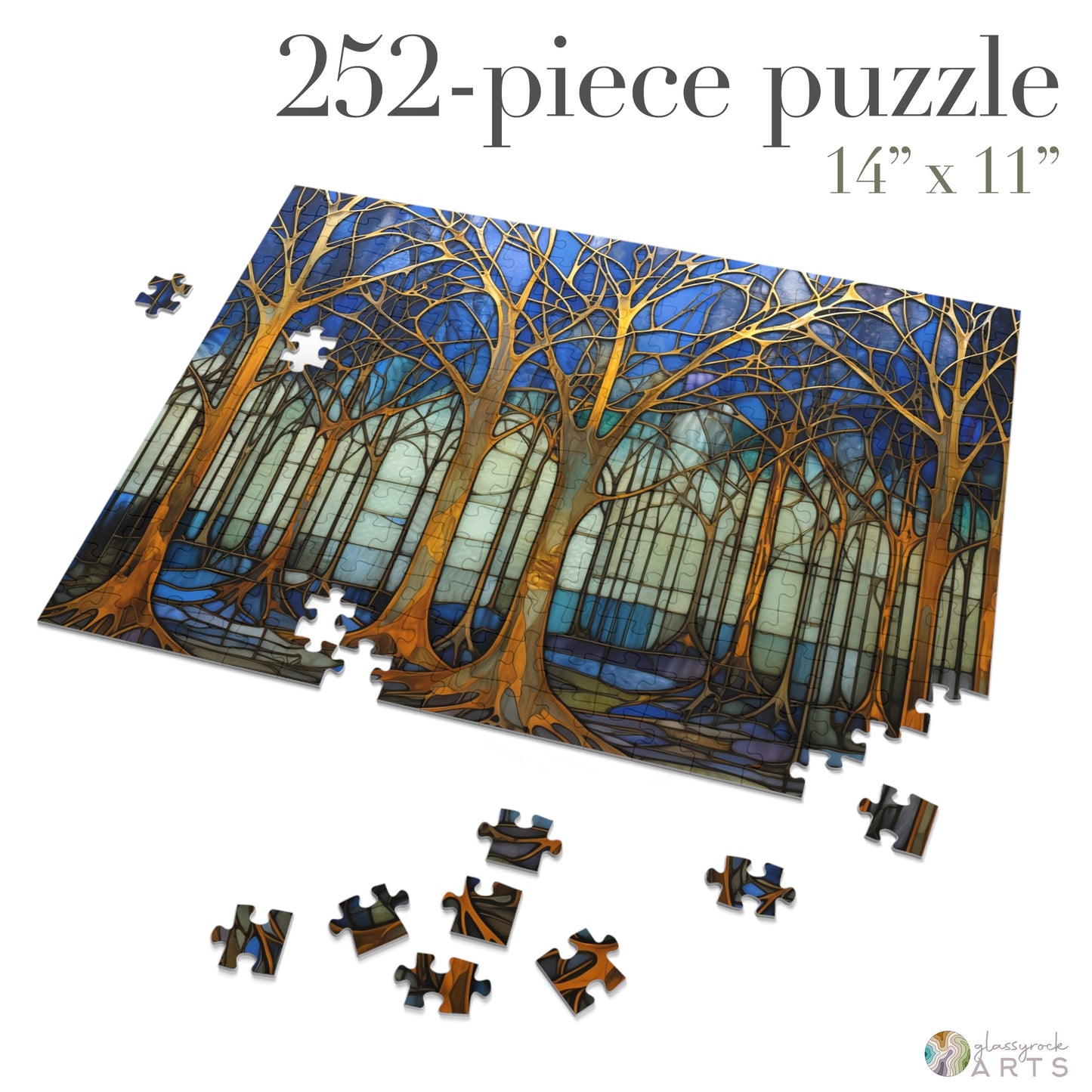 Stained Glass Forest Jigsaw Puzzle, Blue and Gold