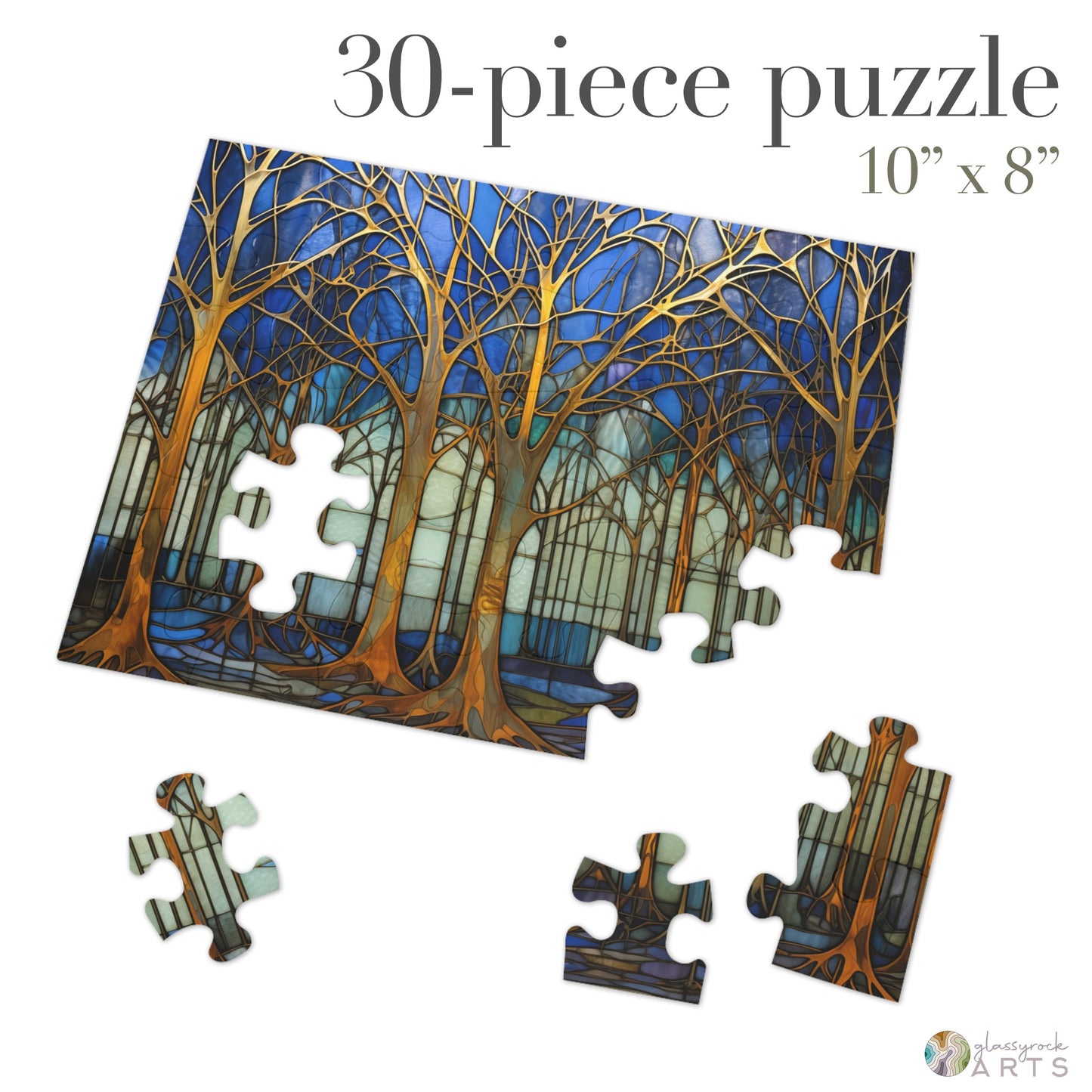 The Stained Glass Forest Jigsaw Puzzle, Blue and Gold, is a 30-piece high-quality chipboard puzzle measuring 10 x 8. It depicts tall trees with golden branches under a blue sky and comes with five pieces separated from the main piece, making it an ideal gift for puzzle enthusiasts.