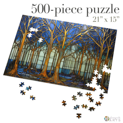 The Stained Glass Forest Jigsaw Puzzle, Blue and Gold, is a 500-piece set featuring a serene forest with tall trees and a blue sky. Made from high-quality chipboard, it measures 21x15 inches when partially completed, making it an ideal gift for puzzle enthusiasts seeking hours of fun.