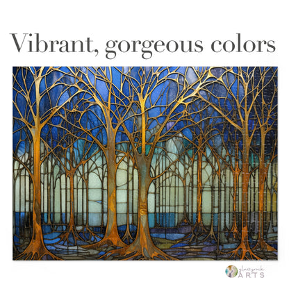 The Stained Glass Forest Jigsaw Puzzle in Blue and Gold showcases slender trees with golden trunks against a blue and teal backdrop. It features the text, Vibrant, gorgeous colors. Made from high-quality chipboard pieces, its ideal for puzzle enthusiasts.