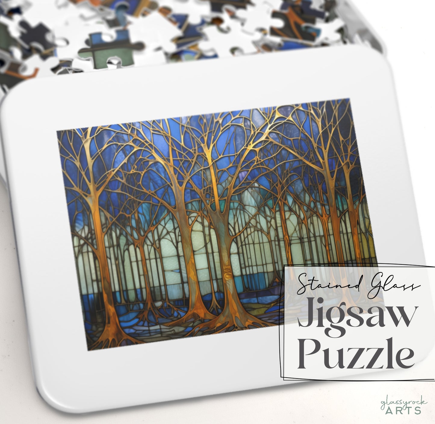 Stained Glass Forest Jigsaw Puzzle, Blue and Gold