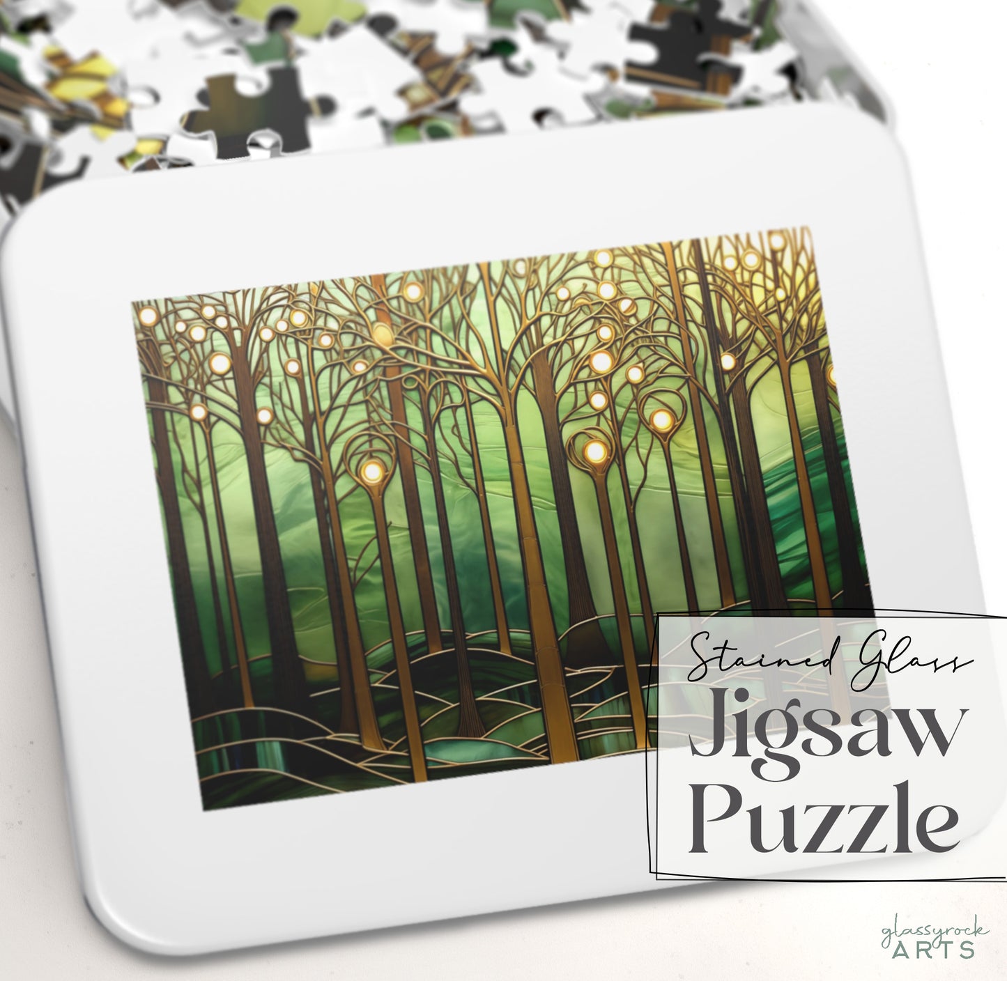 A picture of the Stained Glass Forest Jigsaw Puzzle, Gold and Green from GlassyRock Arts. 