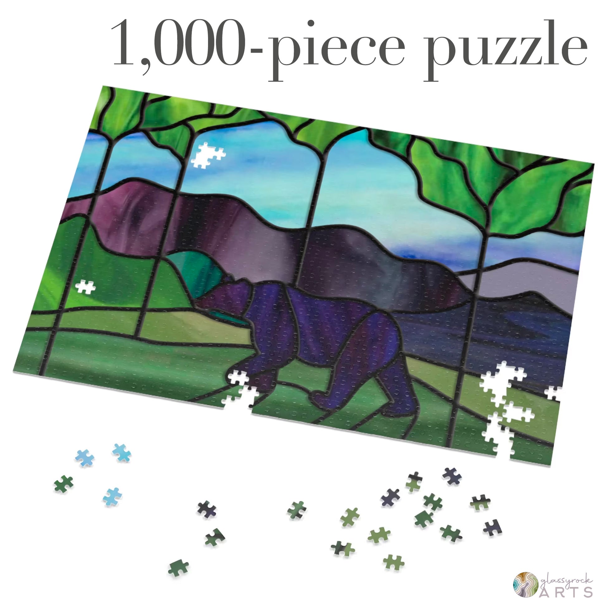 A picture of the Stained Glass Forest Bear Jigsaw Puzzle from GlassyRock Arts. 