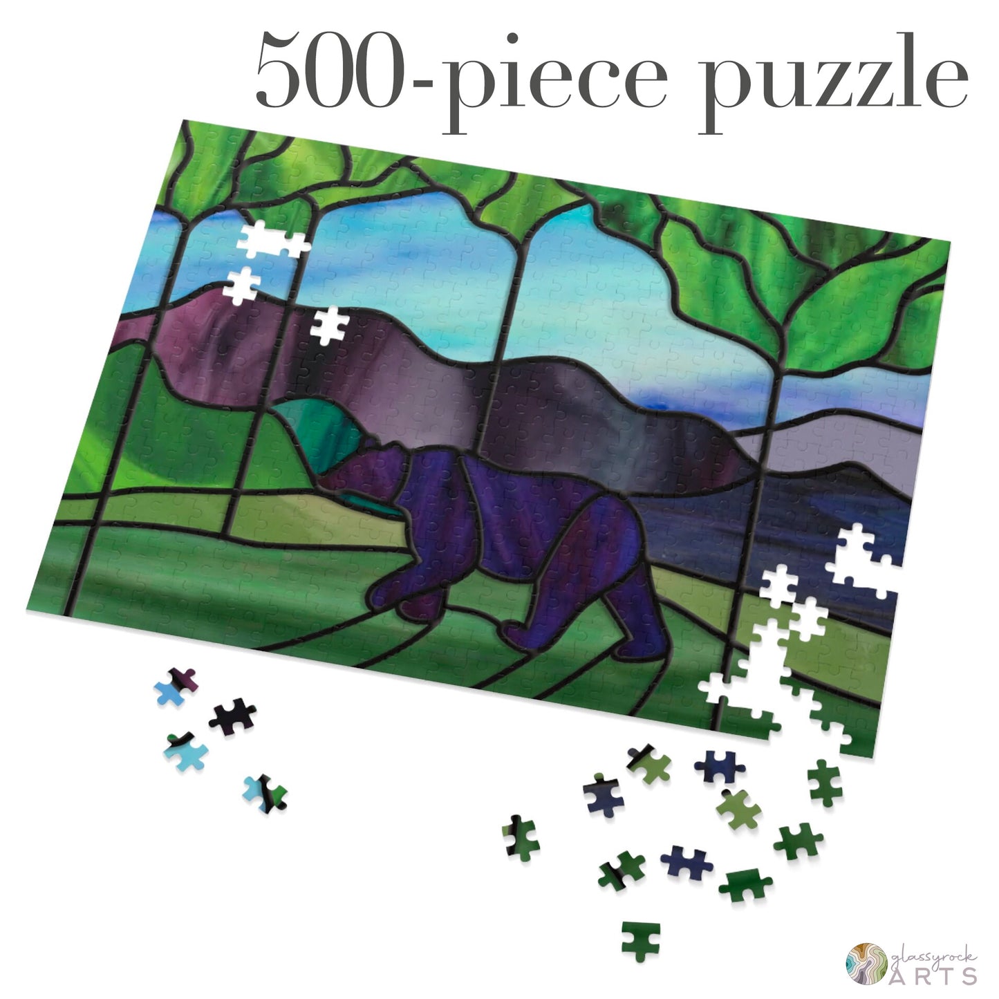 A picture of the Stained Glass Forest Bear Jigsaw Puzzle from GlassyRock Arts. 