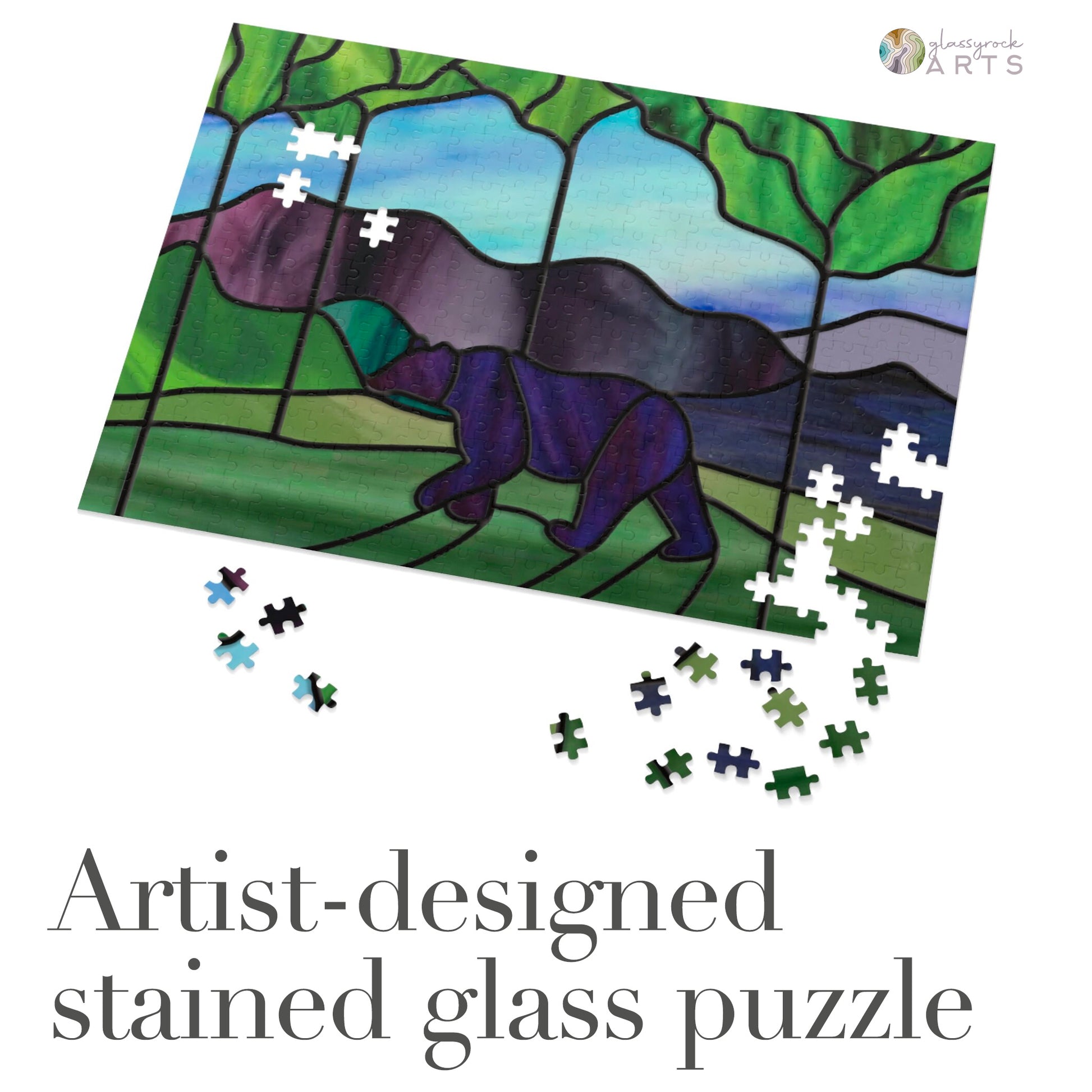 A picture of the Stained Glass Forest Bear Jigsaw Puzzle from GlassyRock Arts. 