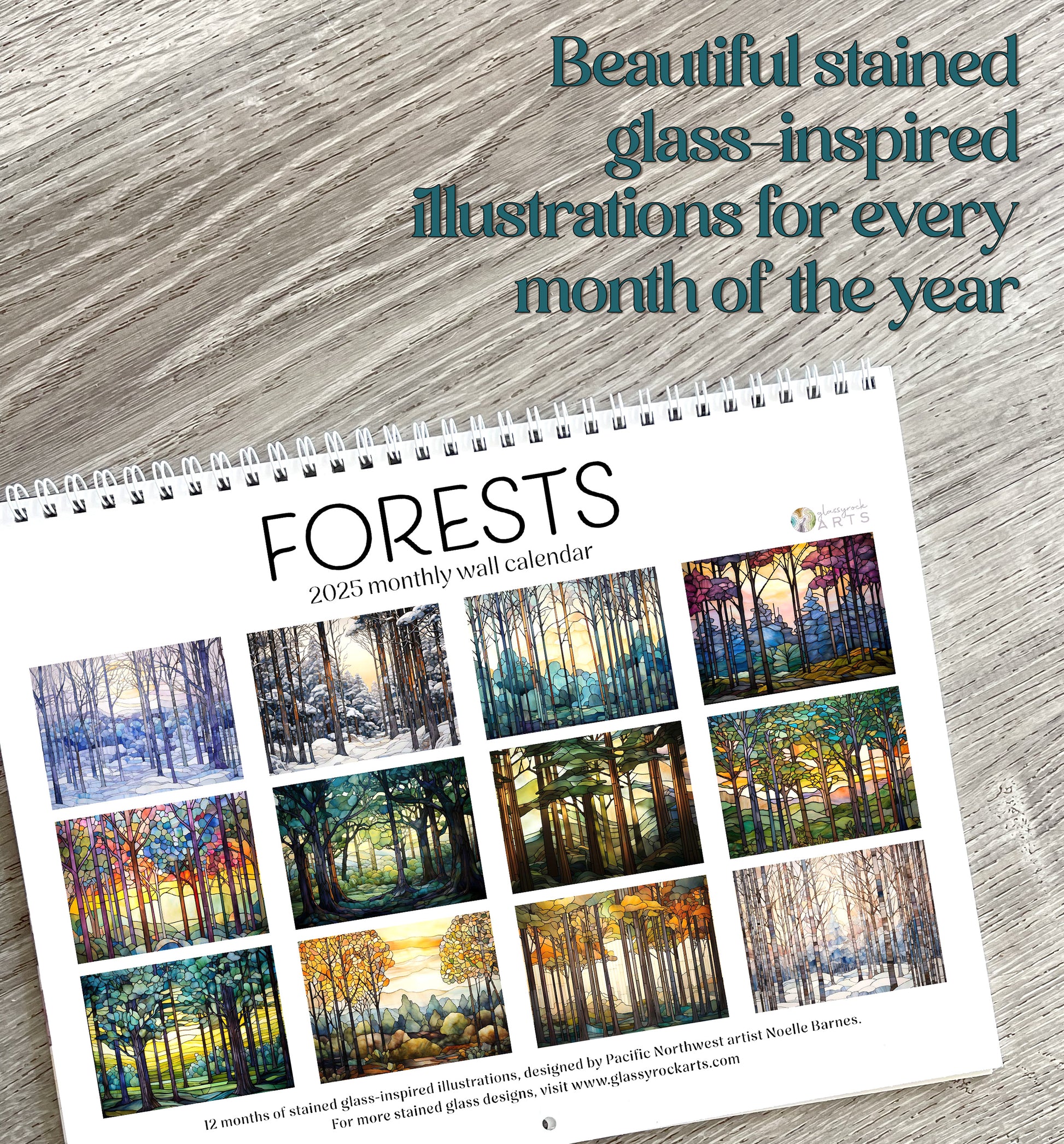 The back of the forests calendar on a wood table.