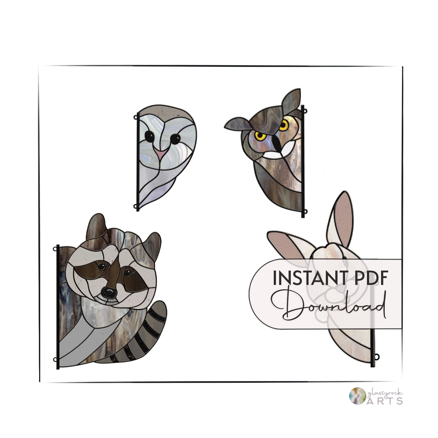 Curious Critters - Owls, Racoon, Bunny - Animal Stained Glass Patterns