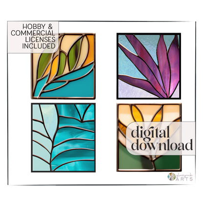 A picture of the Modern Leaves Stained Glass Plant Pattern 4-Pack from GlassyRock Arts. 