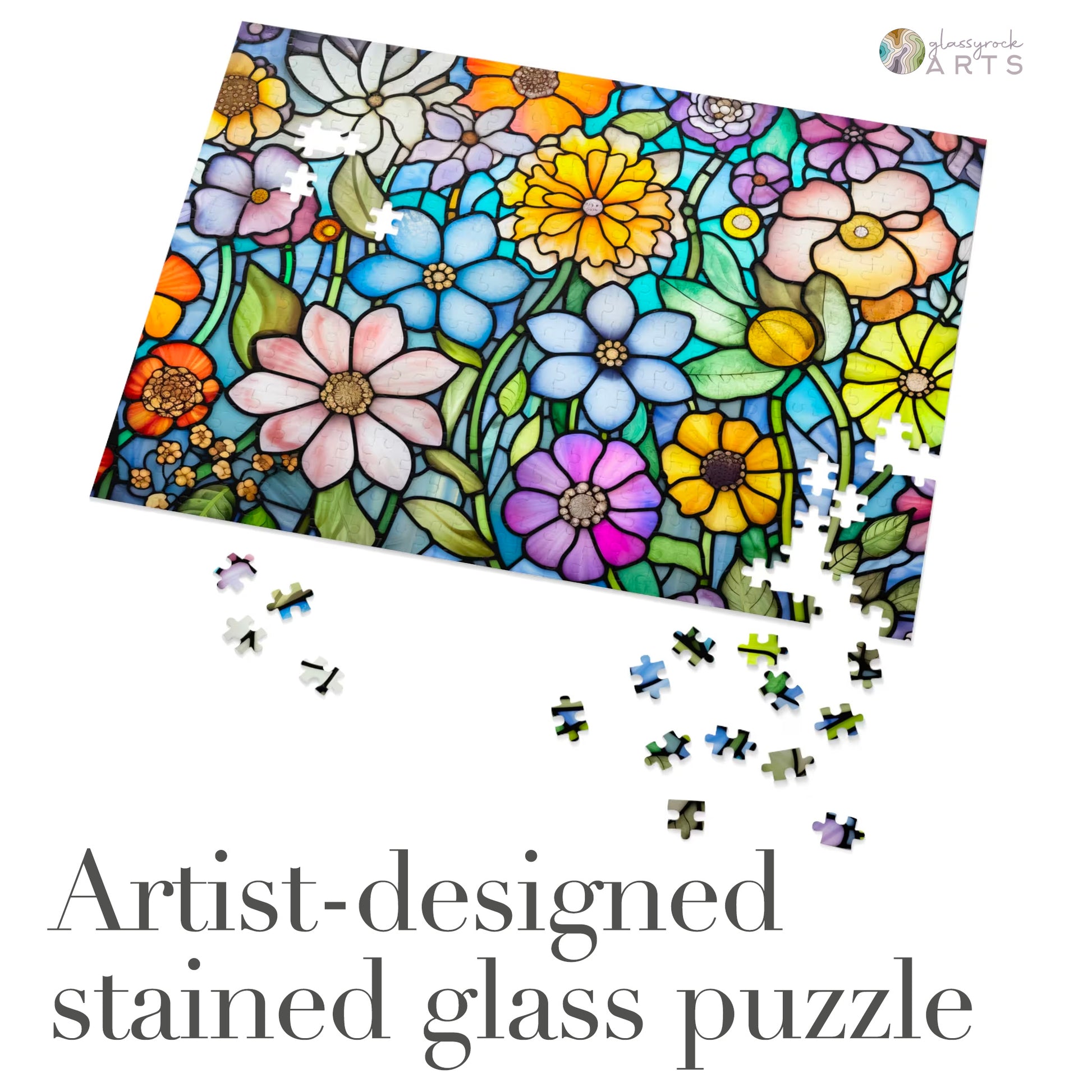 A picture of the Stained Glass Flower Garden Jigsaw Puzzle from GlassyRock Arts. 