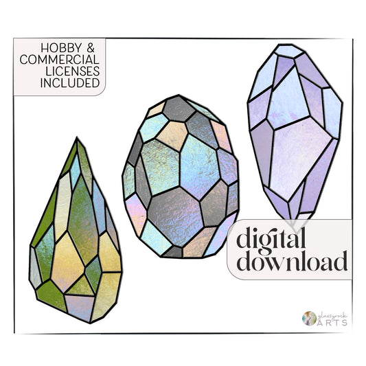 The image shows three abstract, multicolored gemstone patterns resembling stained glass on a white background. Text states Hobby & Commercial Licenses Included and digital download. Product: Easy Stained Glass Gems Patterns, 3-Pack. Logo is in the corner.