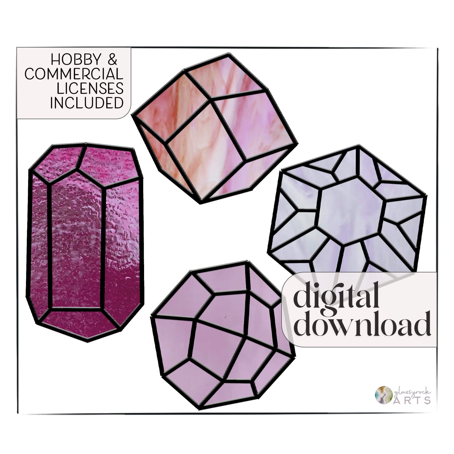 Four beginner stained glass gem patterns: magenta oval, pink/orange cube, light lavender octagon, translucent hexagon. Hobby & Commercial Licenses Included, highlighting user-friendly digital designs for glass enthusiasts. Digital Download.