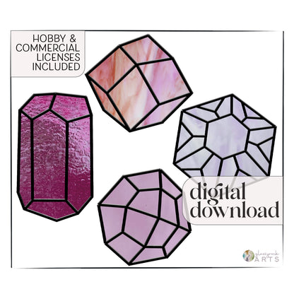 A picture of the Geometric Gems Beginner Stained Glass Patterns Pack of 4 from GlassyRock Arts. 