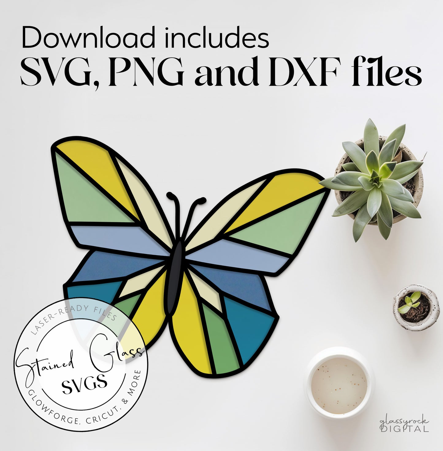 Stained Glass Geometric Butterfly, Files for Laser Cutting - SVG, PNG, DXF