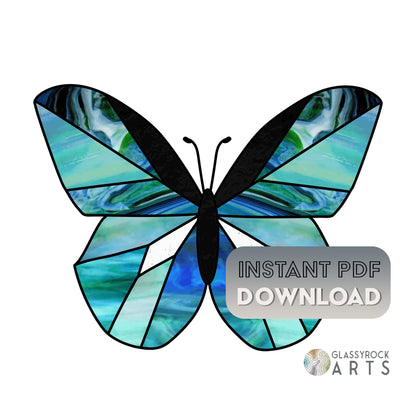 A butterfly with blue and green stained glass wings is illustrated on a white background. The label states, Instant PDF DOWNLOAD, ideal for the Beginner Butterfly Stained Glass Pattern by GLASSYROCK ARTS, featuring their logo with a circular design in the bottom right corner.