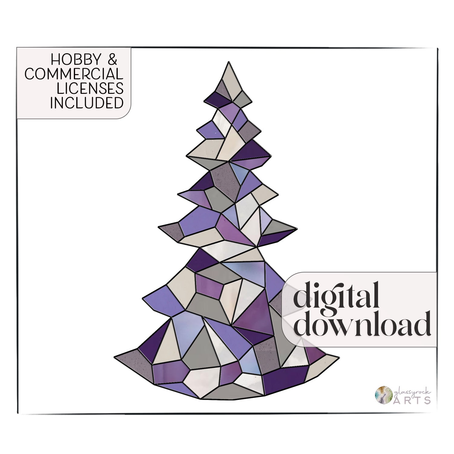 The Modern Stained Glass Christmas Tree Pattern showcases an abstract geometric design in shades of purple, grey, and white with a striking stained glass effect. It includes Hobby & Commercial Licenses for easy digital download and seamless creativity.