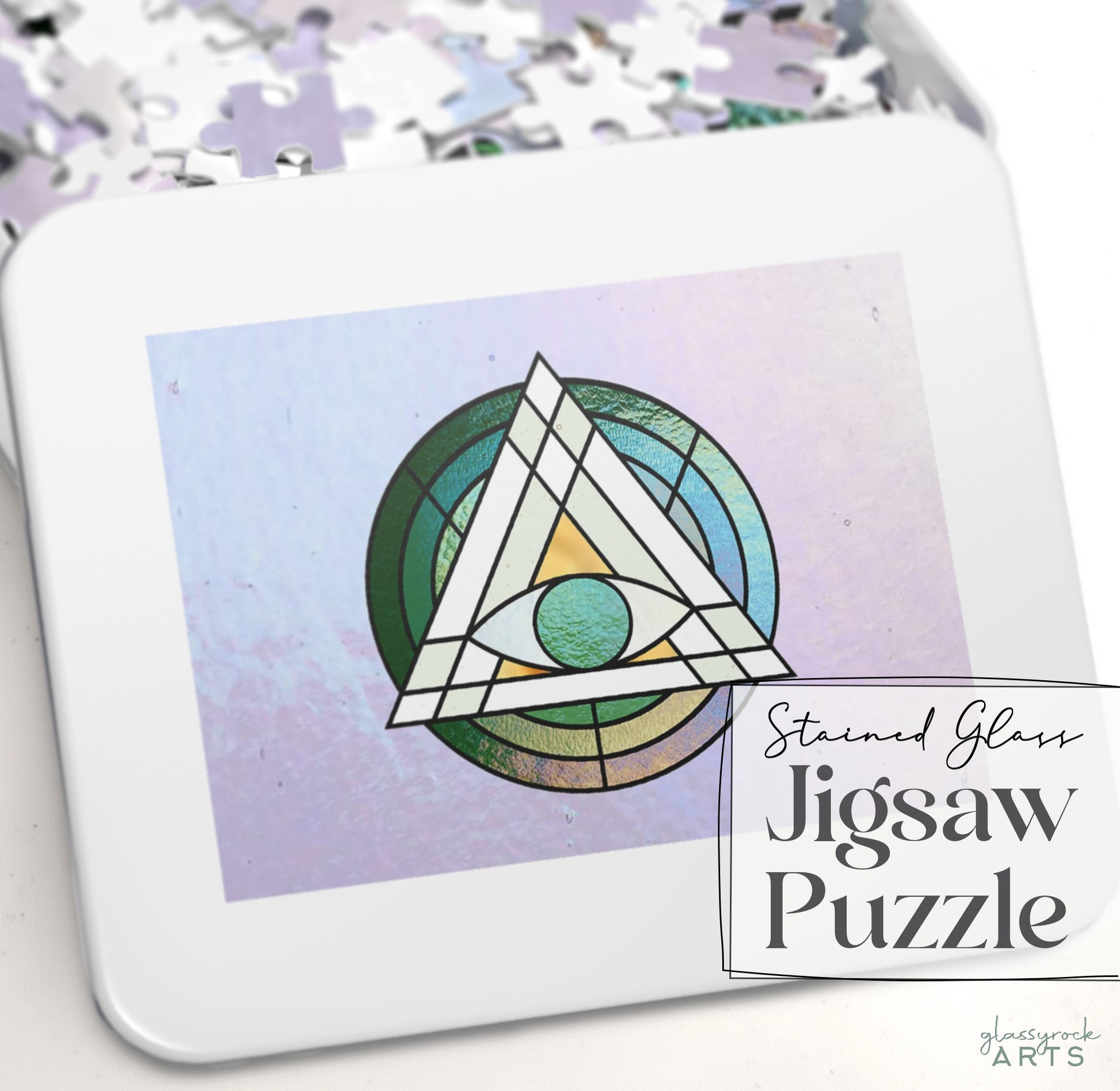 A picture of the Stained Glass Geometric Eye Jigsaw Puzzle from GlassyRock Arts. 