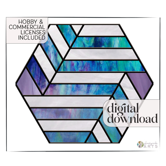 The Hexagon Beginner Stained Glass Pattern features a geometric design with blue and purple hues. Its perfect for beginners and comes as a digital download, with Hobby & Commercial Licenses Included text in the corners.