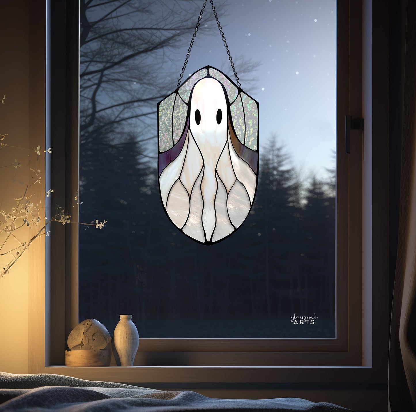 A picture of the Boho Ghost Halloween Stained Glass Pattern from GlassyRock Arts. 