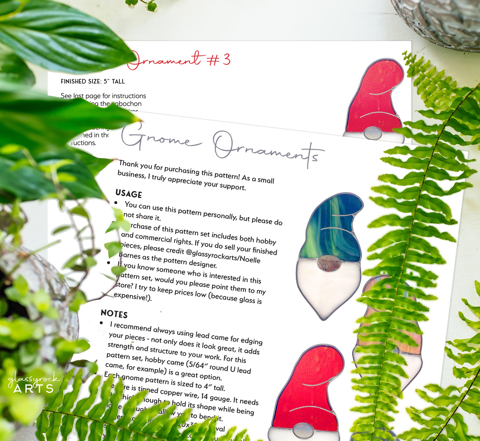 Gnome Stained Glass Christmas Ornament Patterns - Crafting Patterns & Molds, from GlassyRock Arts