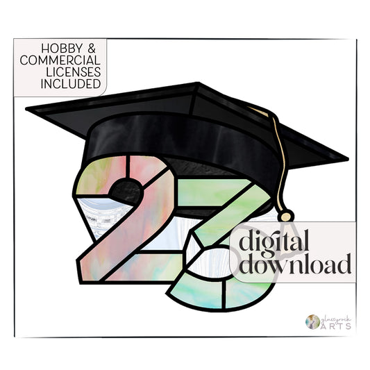 A picture of the 2023 Graduate Cap Stained Glass Pattern from GlassyRock Arts. 