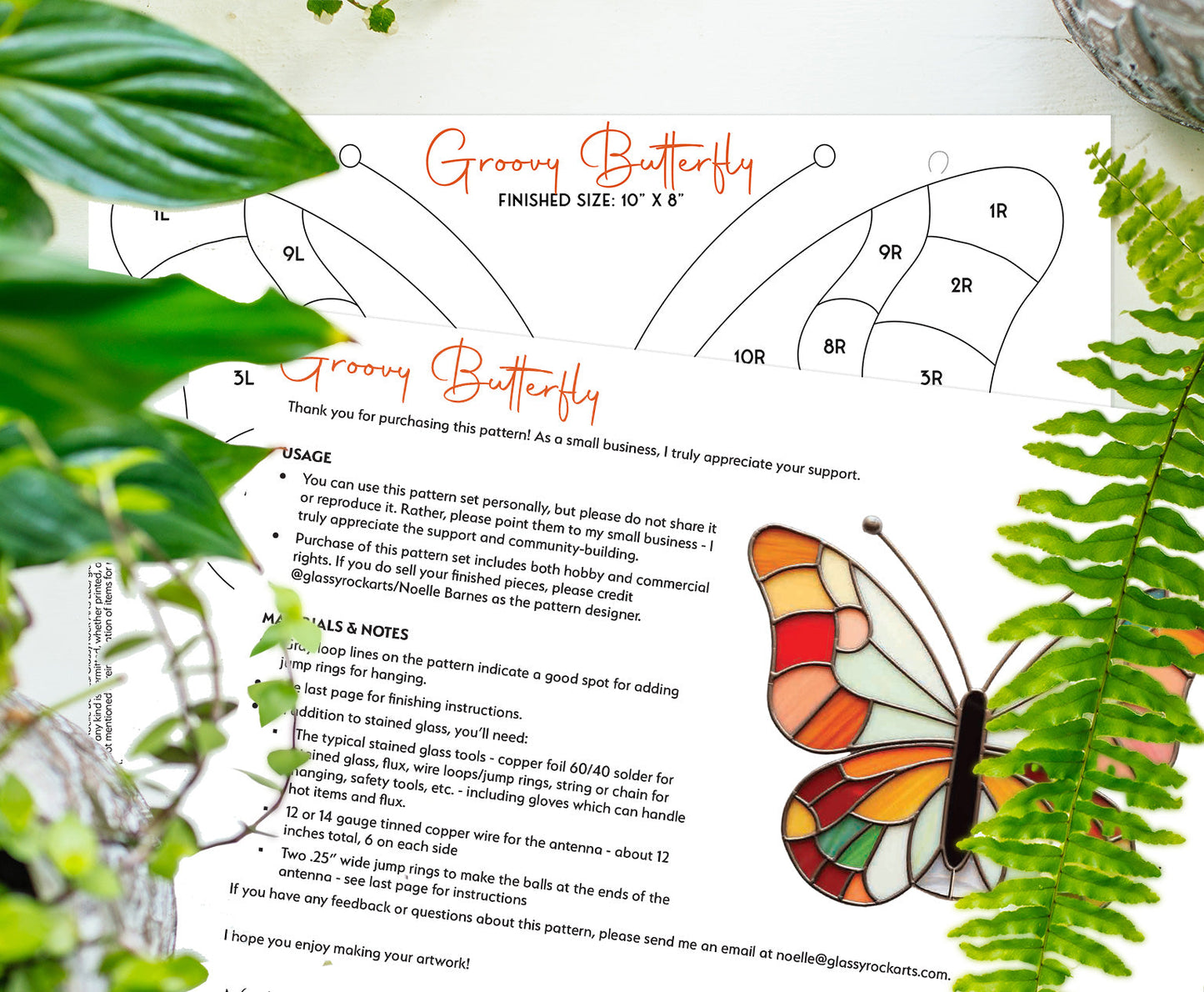 Instruction sheet for making a stained glass butterfly, titled "Groovy Butterfly." The sheet includes a pattern, usage notes, and materials list. A sample stained glass butterfly is displayed on the lower right.