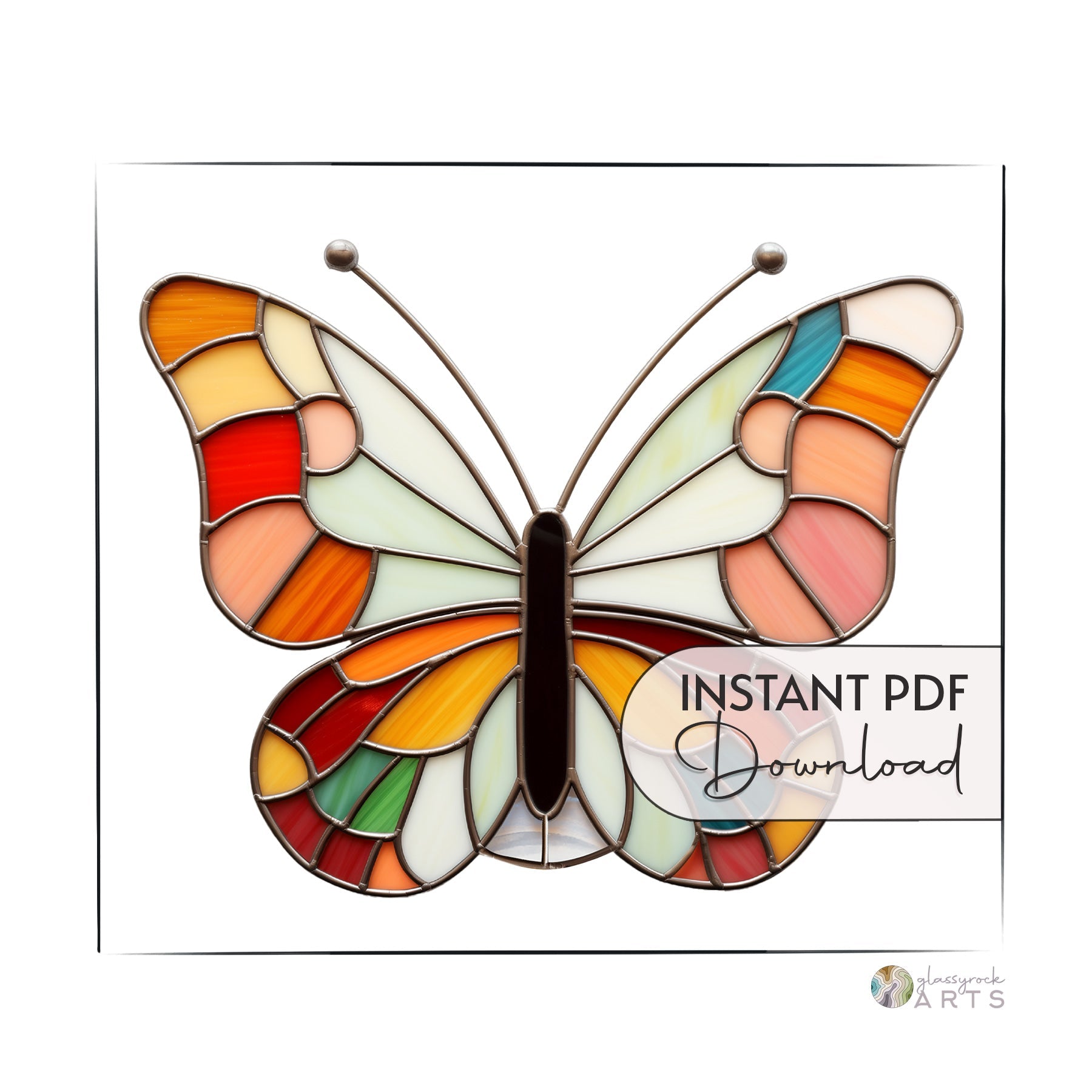 Colorful stained glass butterfly artwork with geometric patterns. Text overlay reads "Instant PDF Download.