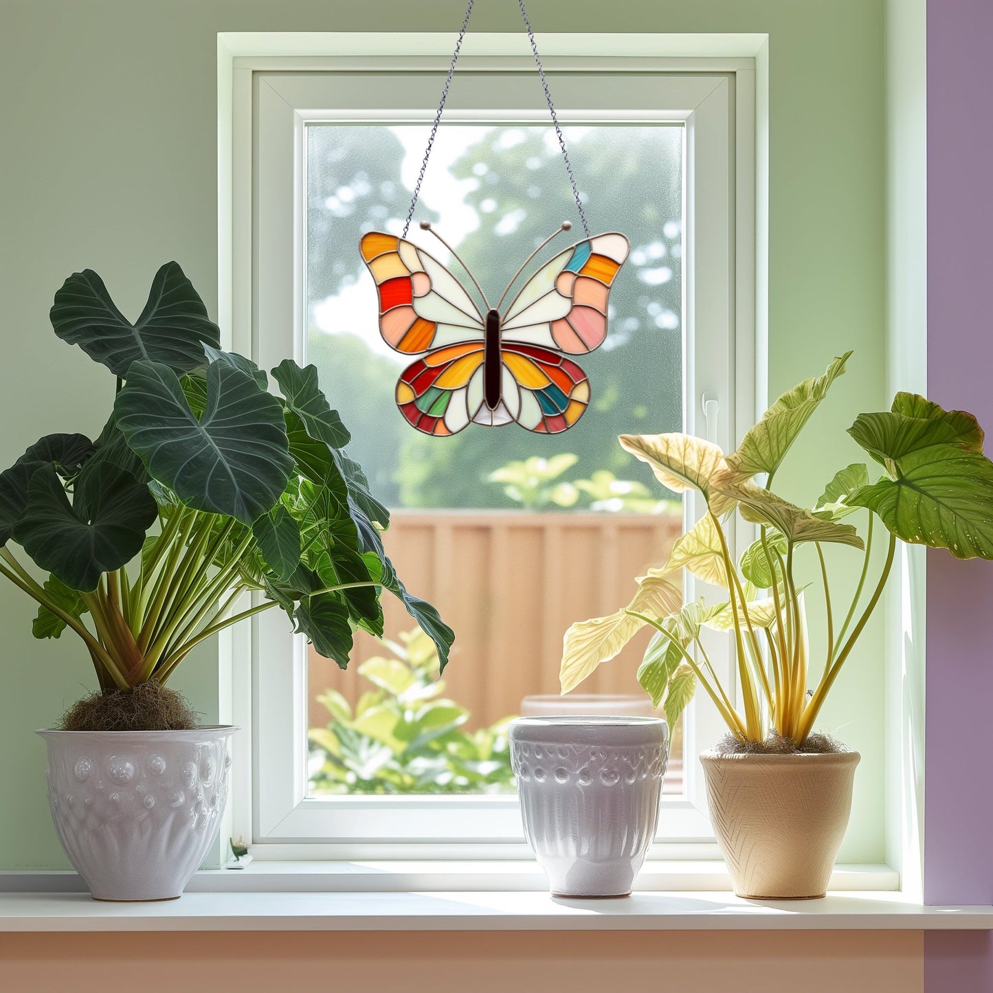 A colorful butterfly-shaped stained glass ornament hangs in a window frame, flanked by two potted plants with large green leaves. Sunlight illuminates the scene.