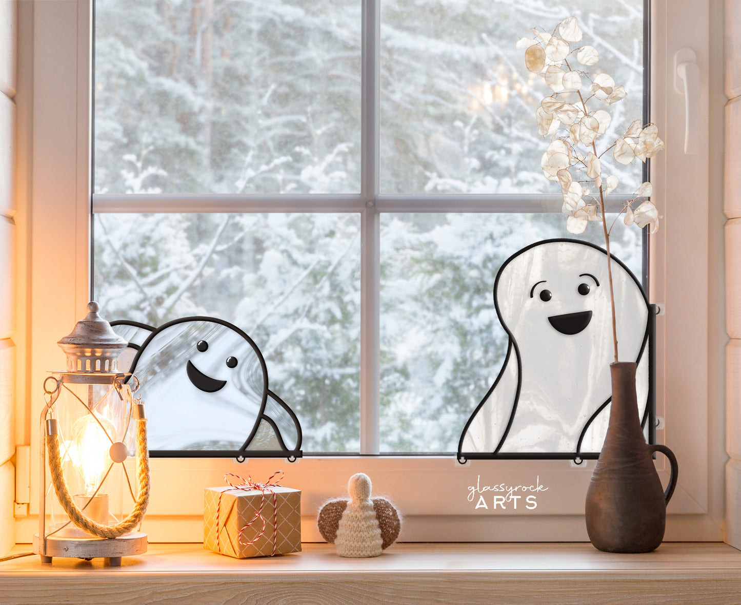 A picture of the Ghost Buddies Halloween Stained Glass Pattern 6-Pack from GlassyRock Arts. 