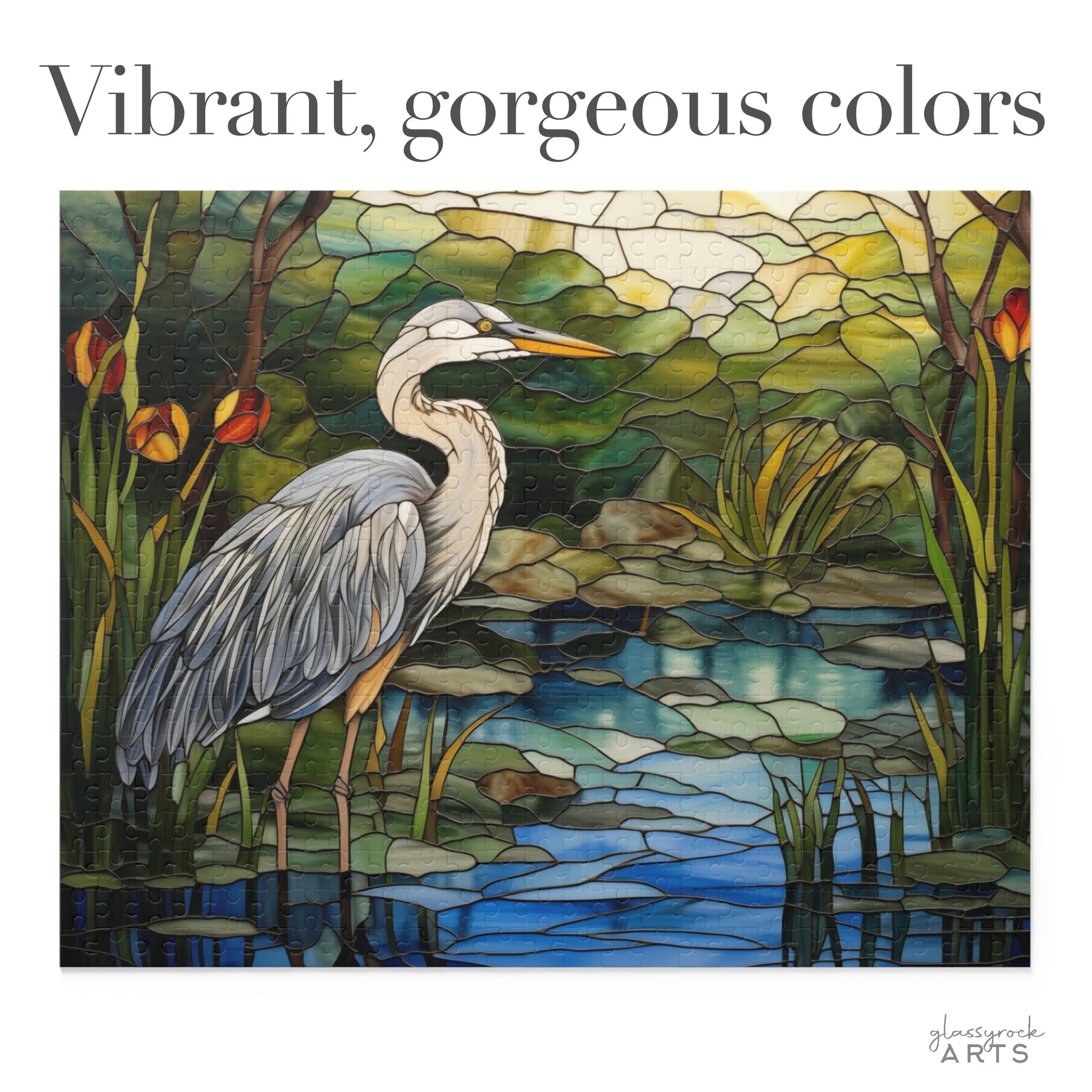 A jigsaw puzzle featuring a colorful blue heron rendered in stained glass. It has vibrant, gorgeous colors.