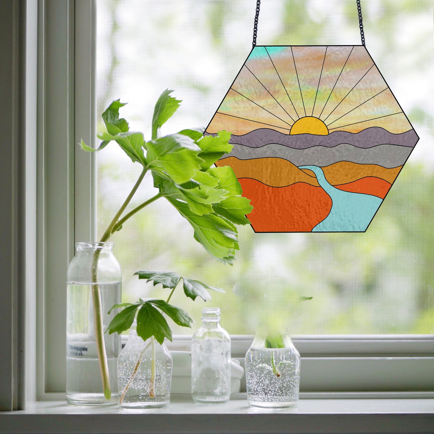 Sunset Landscape Hexagon Stained Glass Pattern