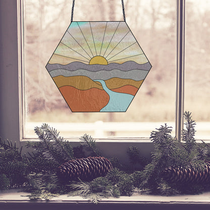 Sunset Landscape Hexagon Stained Glass Pattern