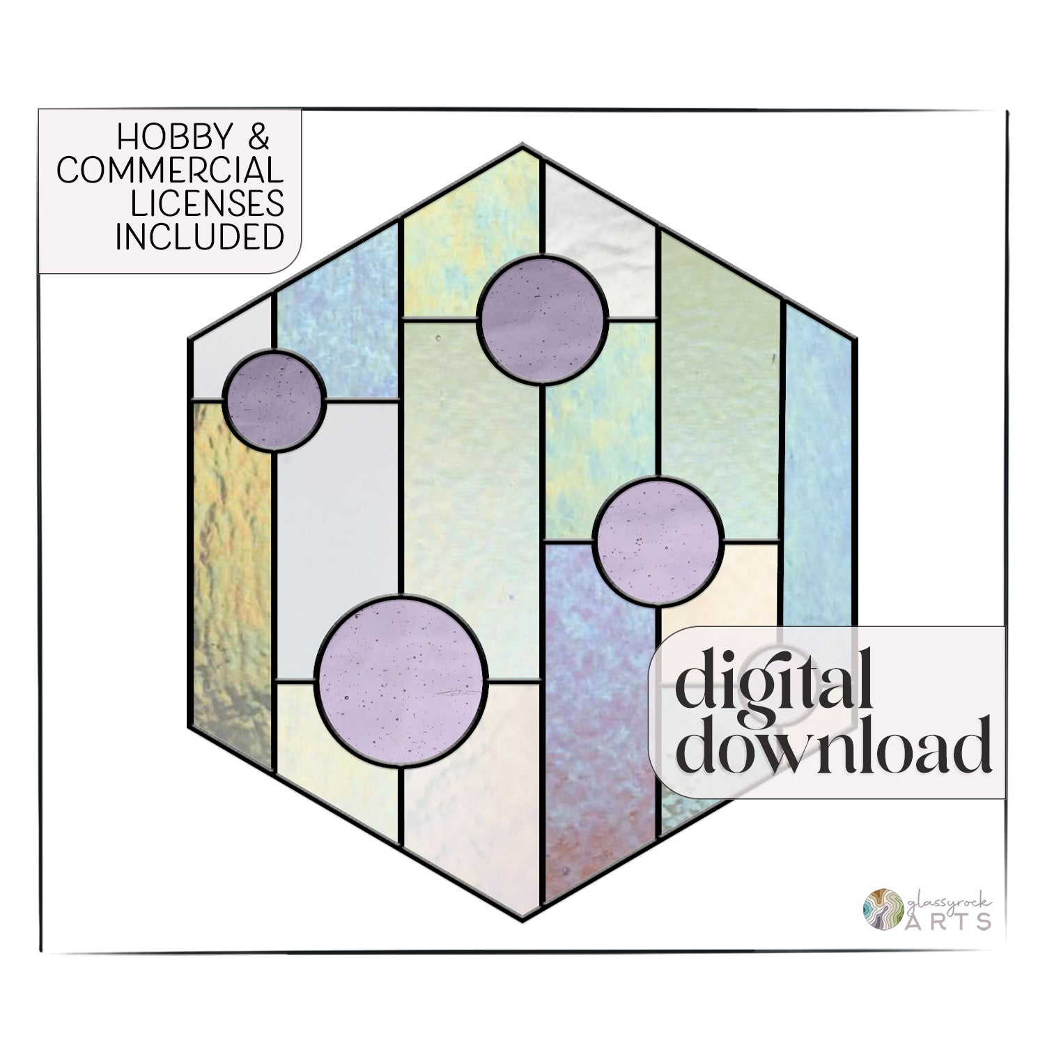 The Hexagon Stained Glass Pattern features iridescent pastel hues with circular lavender segments. The text Hobby & Commercial Licenses Included and digital pattern download are displayed, along with a logo in the corner.