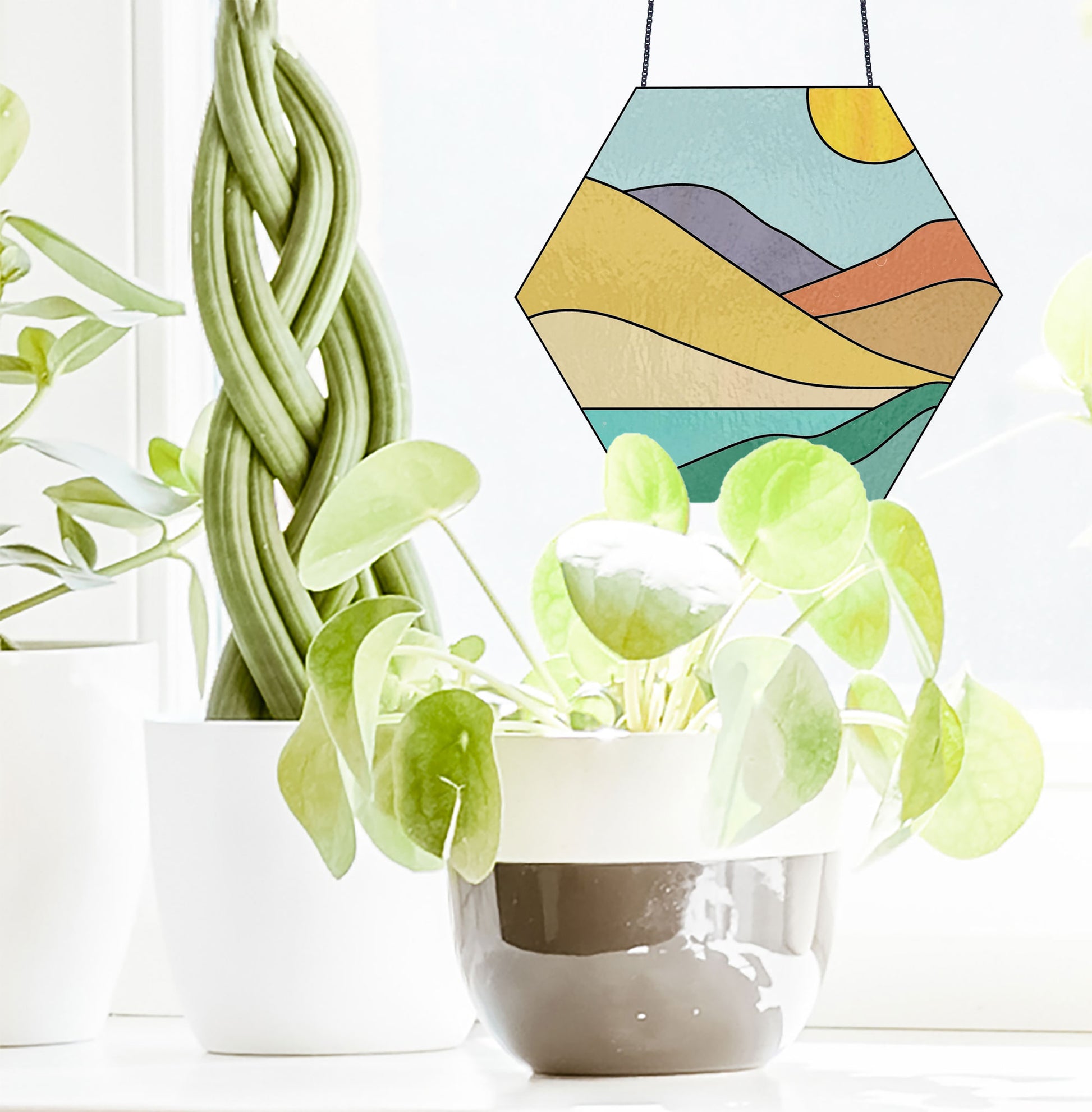 Boho Landscape Hexagon Stained Glass Pattern - Crafting Patterns & Molds from GlassyRock Arts