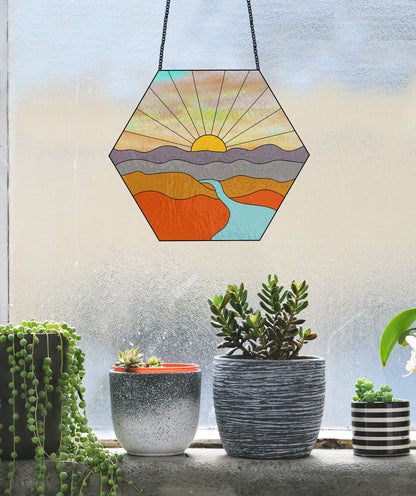 Sunset Landscape Hexagon Stained Glass Pattern