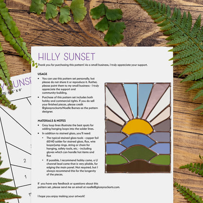 Hilly Sunset Stained Glass Pattern PDF & PNG - Crafting Patterns & Molds from GlassyRock Arts