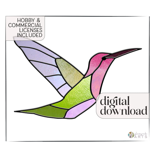 The Hummingbird Stained Glass Pattern features a colorful hummingbird in pink, purple, green, and yellow. It includes the text Hobby & Commercial Licenses Included and is available as a digital download.