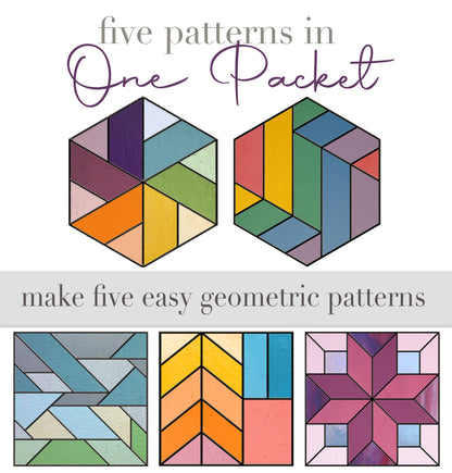 A picture of the Beginner Geometric Stained Glass Pattern Pack of 5 from GlassyRock Arts. 